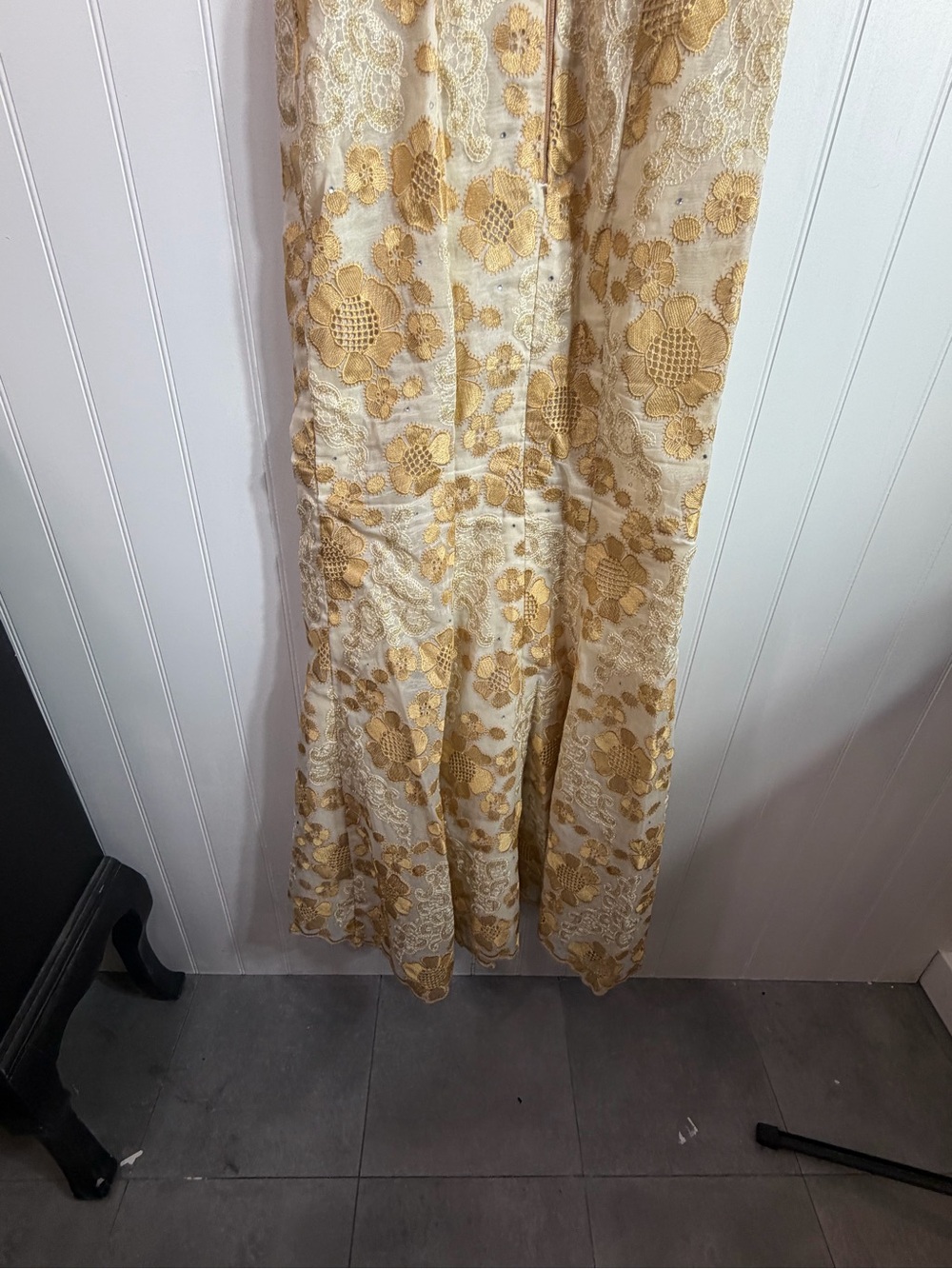Vintage Gold Floral Embroidered Mermaid Maxi Dress Formal Gown Small Boho Glam - Picture 6 of 10